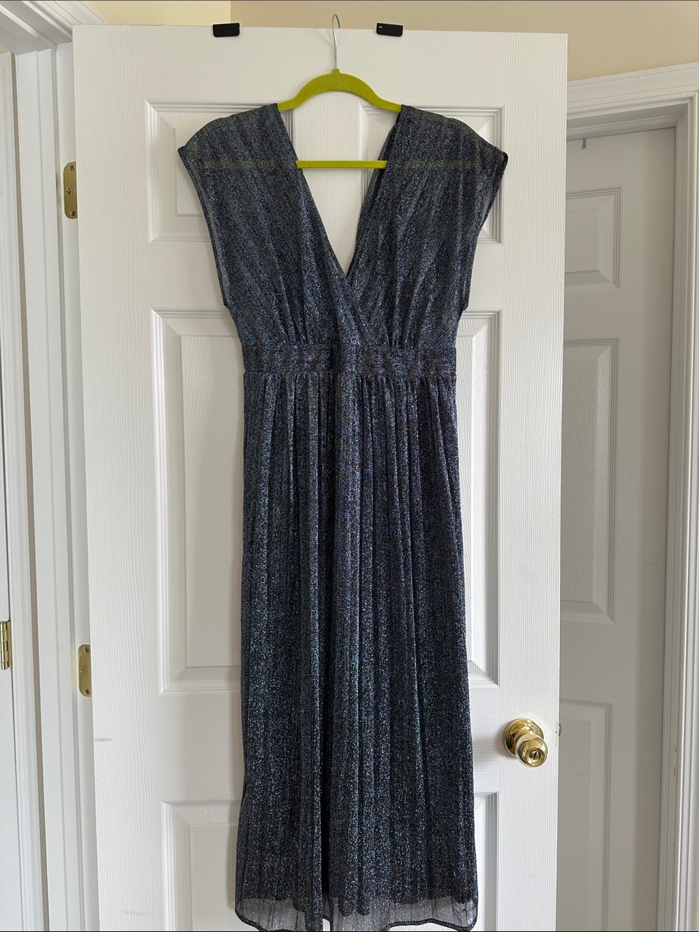 Moulinette Soeurs Metallic Navy Blue V-Neck Maxi Dress